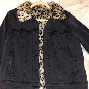 Fuzzy cheetah black denim jacket